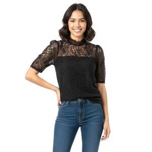 Cable & Gauge Black Lace Overlay Blouse Short Sleeve Keyhole Back High Neck Top